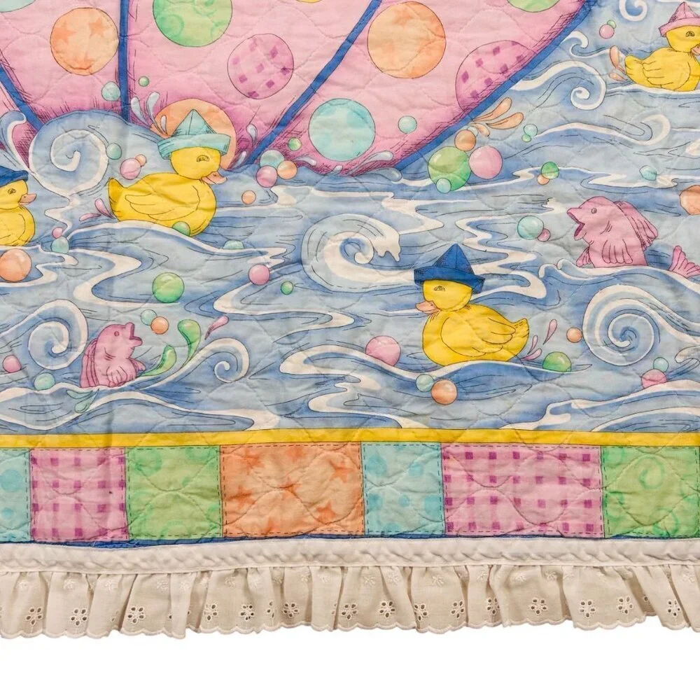 Vtg Noah’s Ark Baby Quilt Pigs Fly Puzzle Piece Bedroom